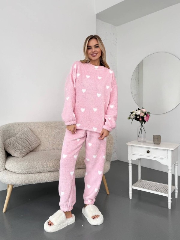 Жіночий теплий домашній костюм в сердце рожевого кольору  35917