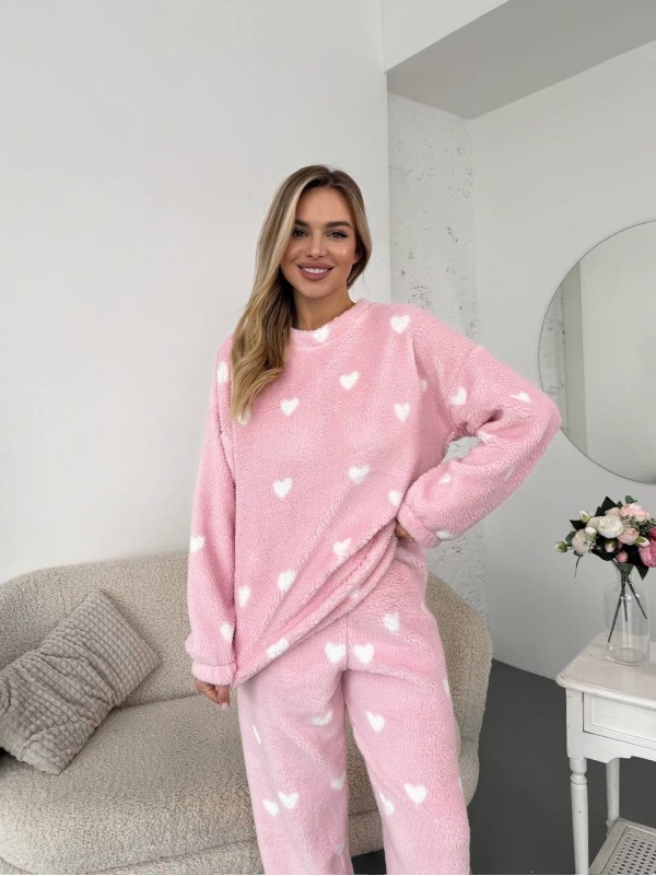Жіночий теплий домашній костюм в сердце рожевого кольору  35917