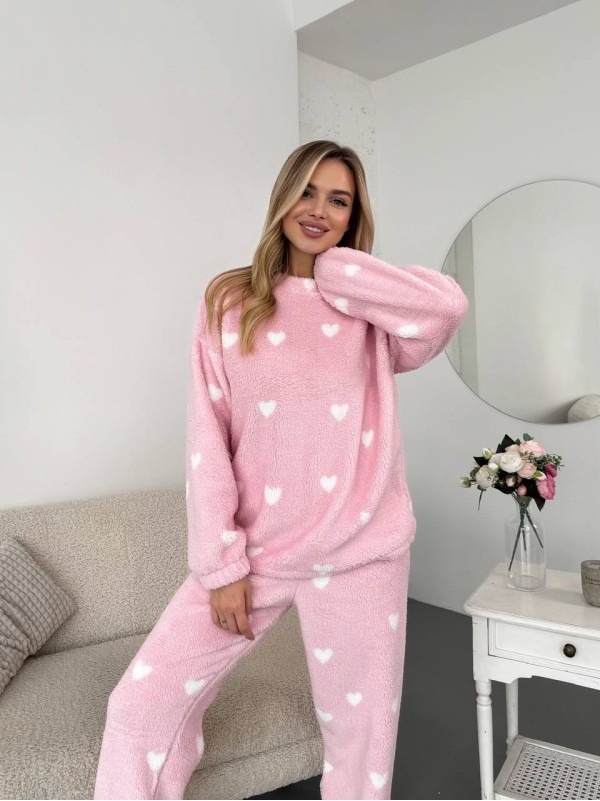 Жіночий теплий домашній костюм в сердце рожевого кольору  35917