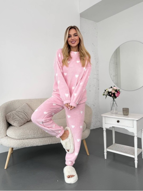 Жіночий теплий домашній костюм в сердце рожевого кольору  35917