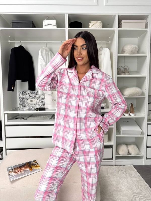 Жіночий домашній костюм в клiтину з фланелi рожевого кольору  35925