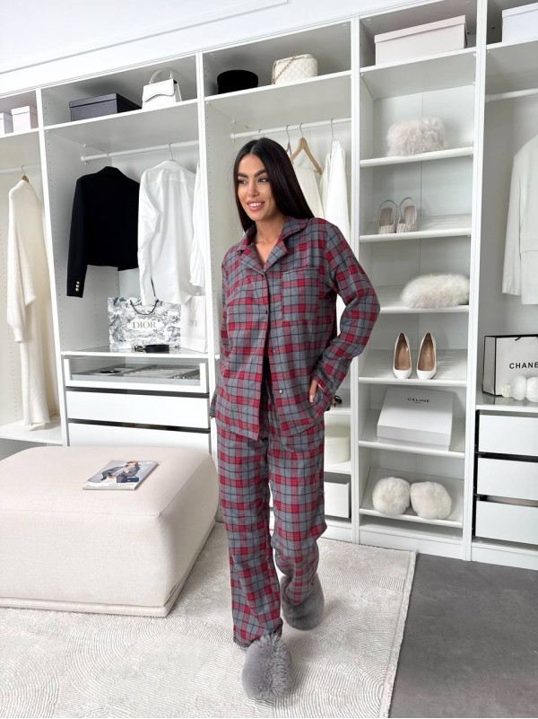 Жіночий домашній костюм в клiтину з фланелi бордового кольору  35926