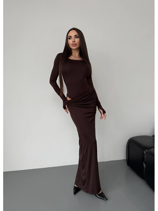 Жіночий вечірній костюм (боді+спідниця максі) коричневого кольору 35931