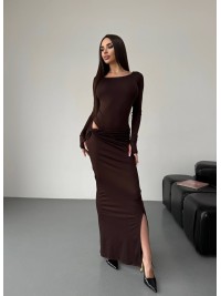 Жіночий вечірній костюм (боді+спідниця максі) коричневого кольору 35931