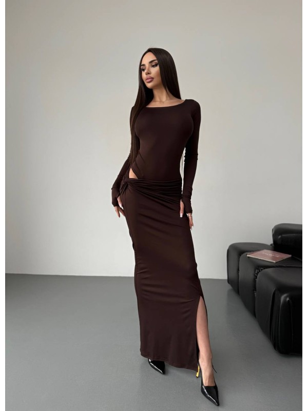 Жіночий вечірній костюм (боді+спідниця максі) коричневого кольору 35931