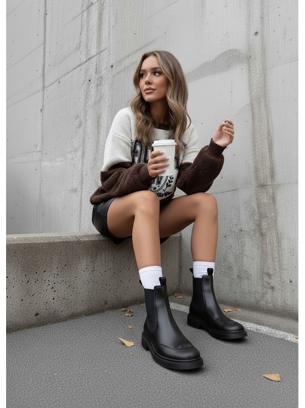 Жіночі шкіряні черевики з резинкою чорного кольору 35932
