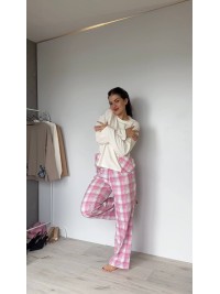 Жіночий домашній костюм в клiтину з бавовни рожевого кольору  35955