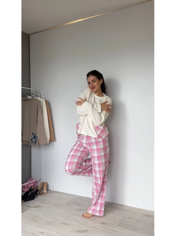 Жіночий домашній костюм в клiтину з бавовни рожевого кольору  35955