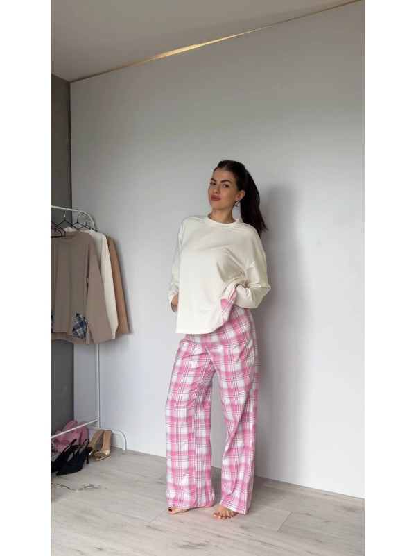 Жіночий домашній костюм в клiтину з бавовни рожевого кольору  35955