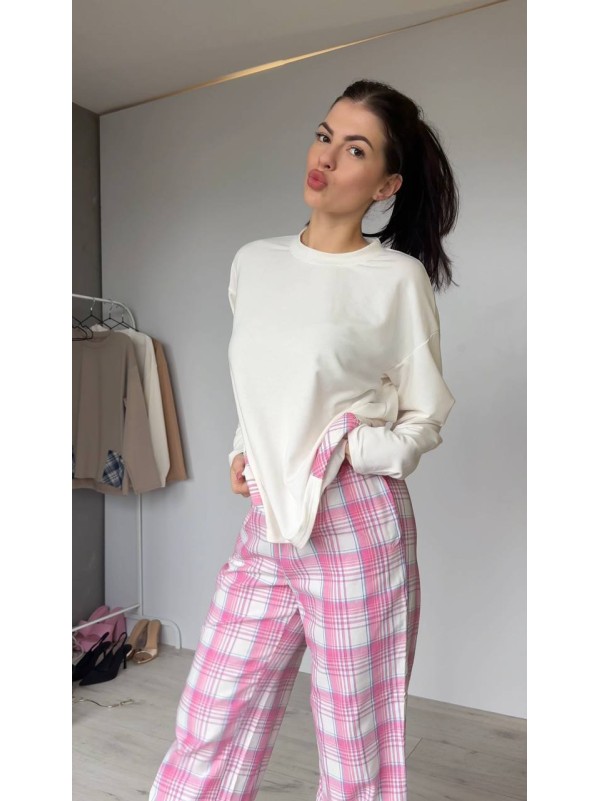 Жіночий домашній костюм в клiтину з бавовни рожевого кольору  35955