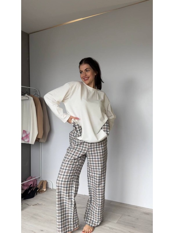 Жіночий домашній костюм в клiтину з бавовни бежевого кольору  35956