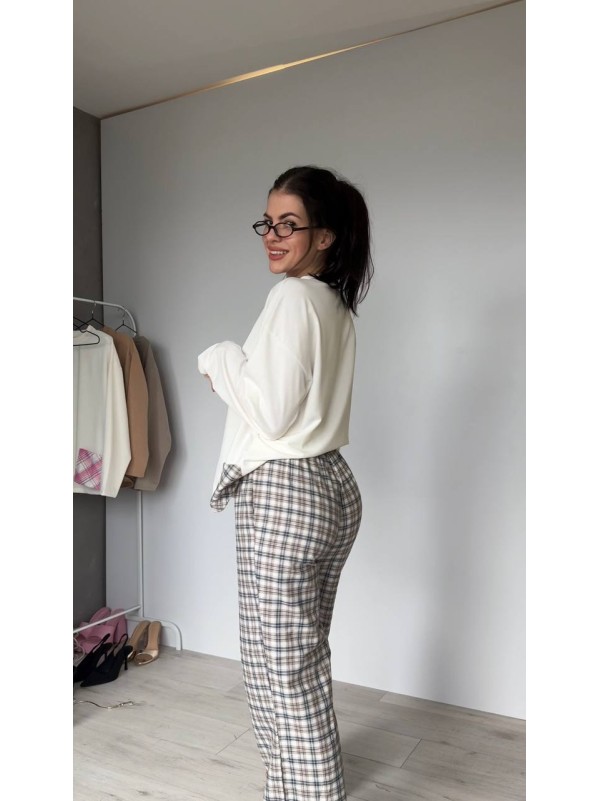 Жіночий домашній костюм в клiтину з бавовни бежевого кольору  35956