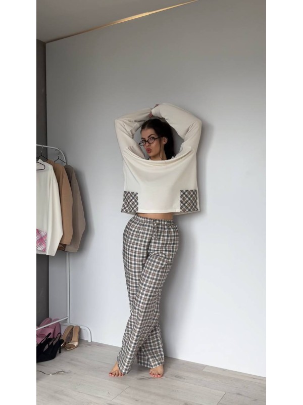 Жіночий домашній костюм в клiтину з бавовни бежевого кольору  35956