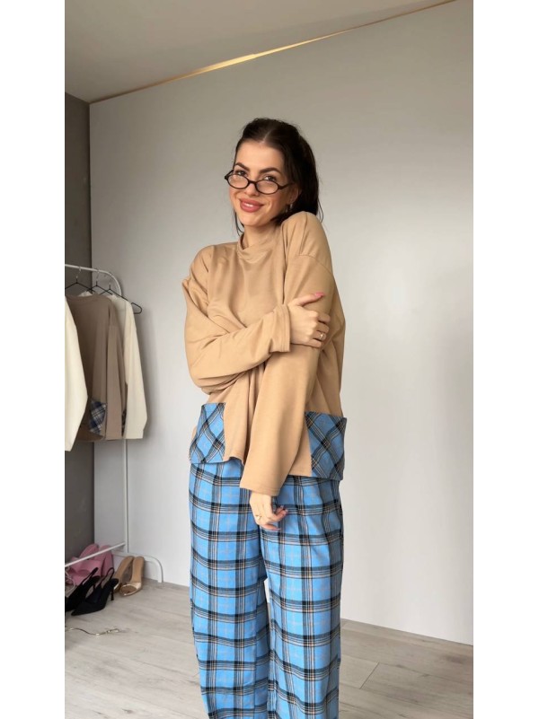 Жіночий домашній костюм в клiтину з бавовни блакитного кольору  35957