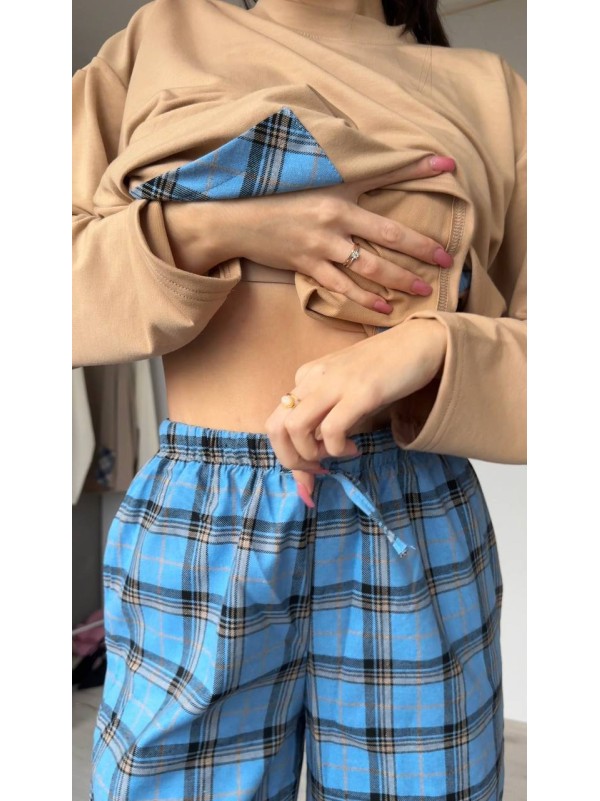 Жіночий домашній костюм в клiтину з бавовни блакитного кольору  35957