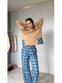 Жіночий домашній костюм в клiтину з бавовни блакитного кольору  35957