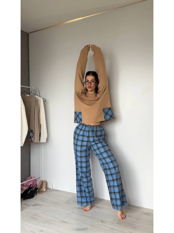Жіночий домашній костюм в клiтину з бавовни блакитного кольору  35957