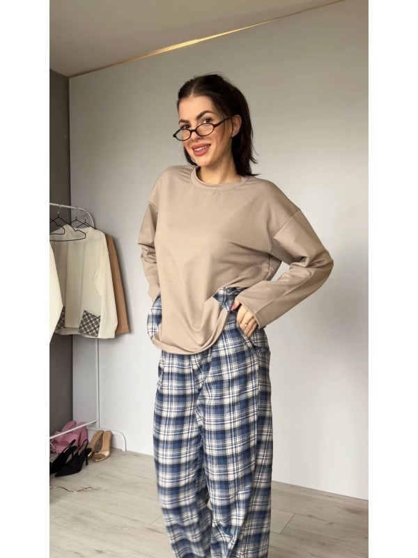 Жіночий домашній костюм в клiтину з бавовни синього кольору  35958