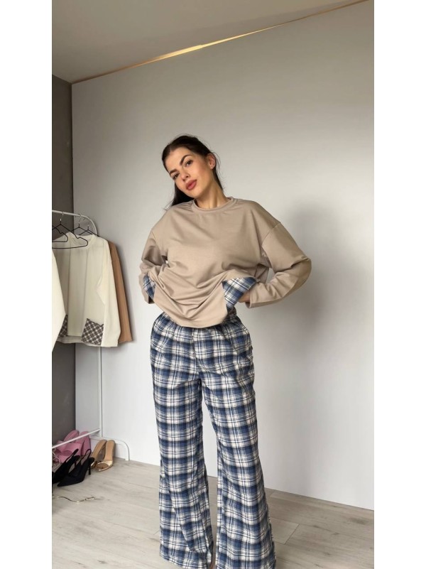 Жіночий домашній костюм в клiтину з бавовни синього кольору  35958