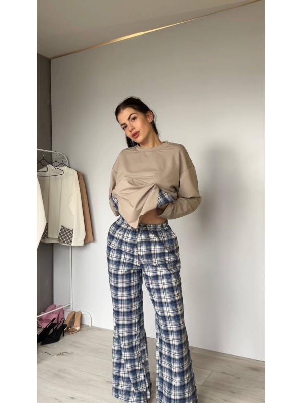 Жіночий домашній костюм в клiтину з бавовни синього кольору  35958