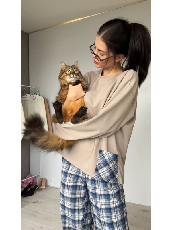 Жіночий домашній костюм в клiтину з бавовни синього кольору  35958