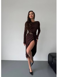 Вечiрня сукня міді з розрізом коричневого кольору 35979