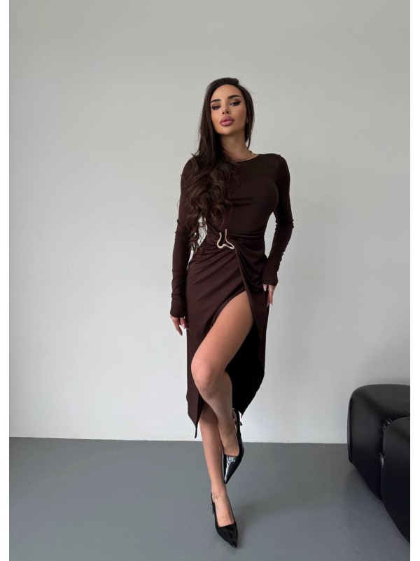 Вечiрня сукня міді з розрізом коричневого кольору 35979