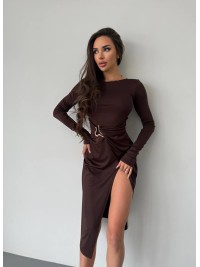 Вечiрня сукня міді з розрізом коричневого кольору 35979