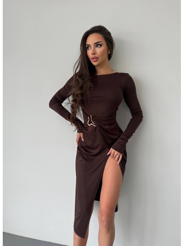 Вечiрня сукня міді з розрізом коричневого кольору 35979