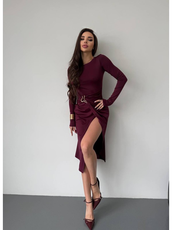 Вечiрня сукня міді з розрізом бордвого кольору 35980