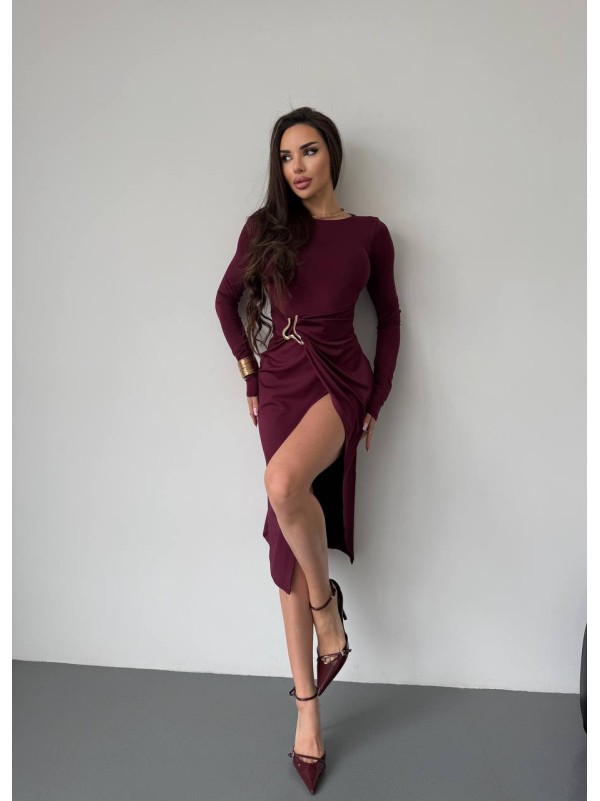 Вечiрня сукня міді з розрізом бордвого кольору 35980