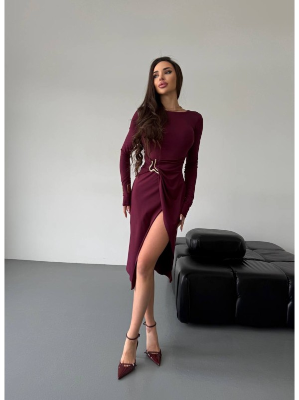 Вечiрня сукня міді з розрізом бордвого кольору 35980
