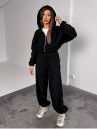 Жіночий теплий костюм iз фліса чорного кольору 35989