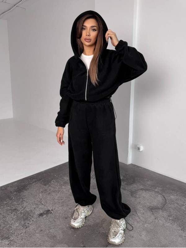 Жіночий теплий костюм iз фліса чорного кольору 35989