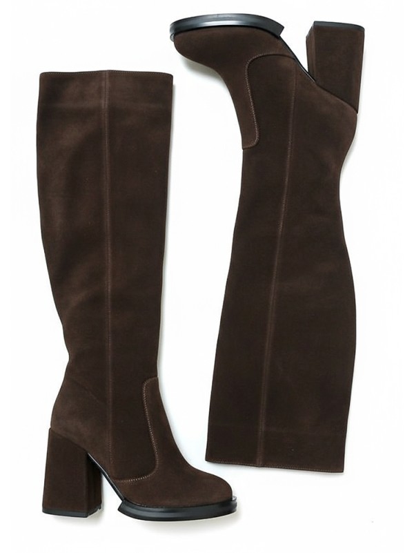 Жіночі замшеві ботфорти (Європейка) коричневого кольору 35992