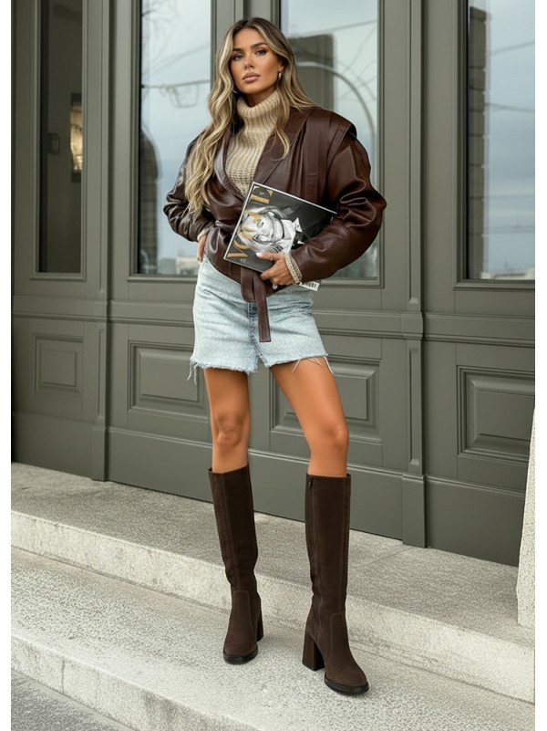 Жіночі замшеві ботфорти (Європейка) коричневого кольору 35992