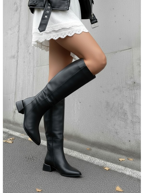 Жіночі шкіряні чоботи гострий ніс (байка) чорного кольору 35994