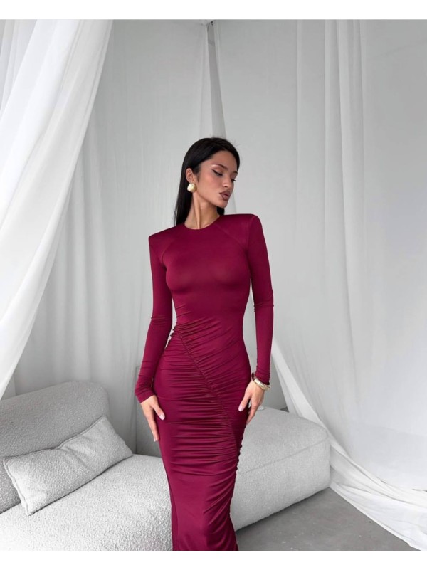 Сiлуетна вечiрня сукня міді бордового кольору 36037