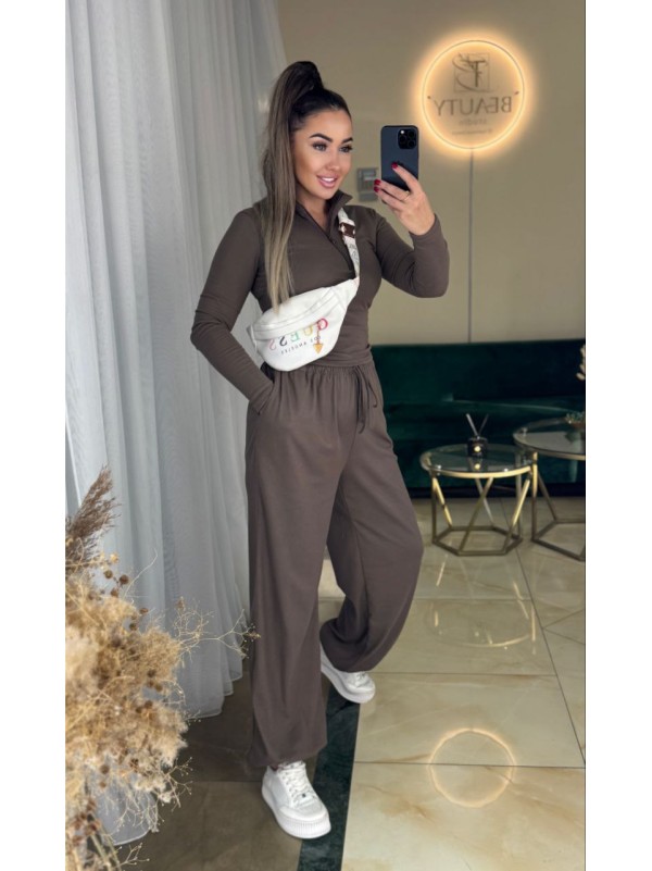 Жіночий базовий термокостюм з широкими штанами коричневого кольору 36046