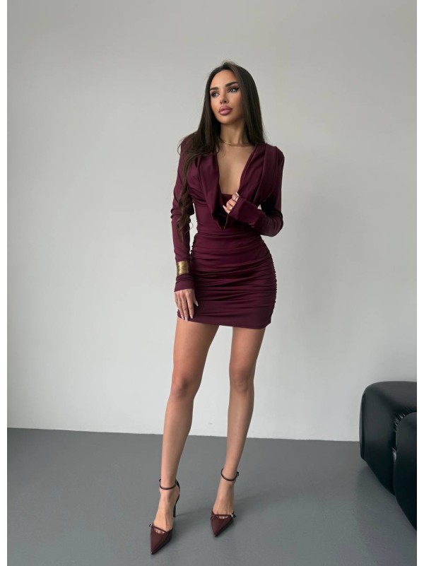 Сукня міні з вираженним декольте бордовго кольору 36053