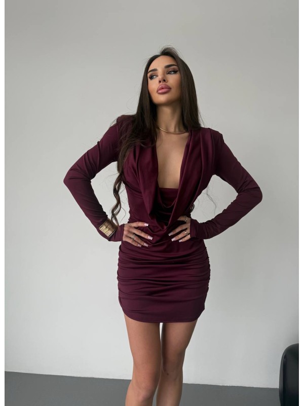 Сукня міні з вираженним декольте бордовго кольору 36053