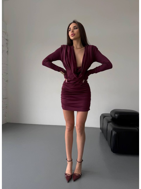 Сукня міні з вираженним декольте бордовго кольору 36053