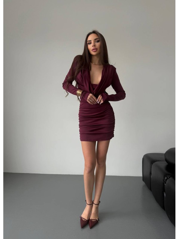 Сукня міні з вираженним декольте бордовго кольору 36053