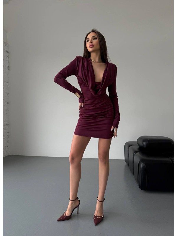 Сукня міні з вираженним декольте бордовго кольору 36053