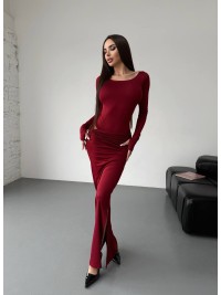 Жіночий вечірній костюм (боді+спідниця максі) бордового кольору 36054