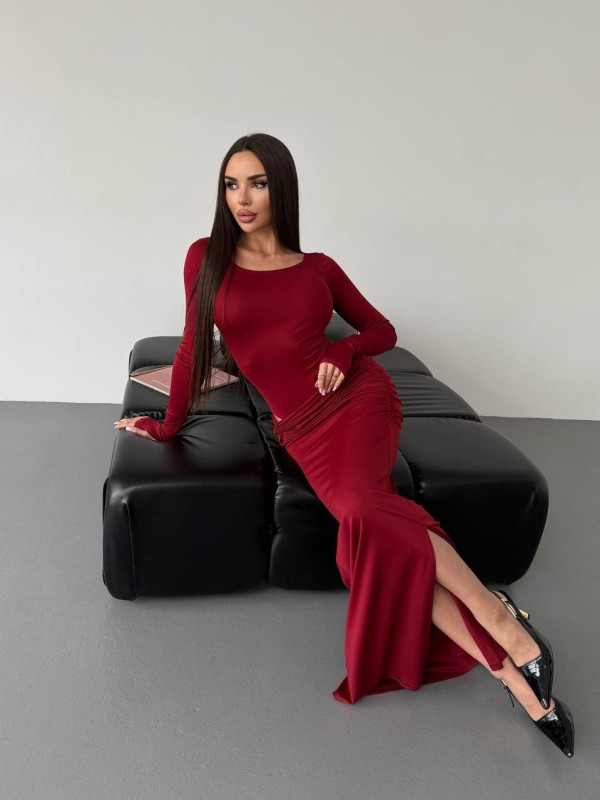 Жіночий вечірній костюм (боді+спідниця максі) бордового кольору 36054