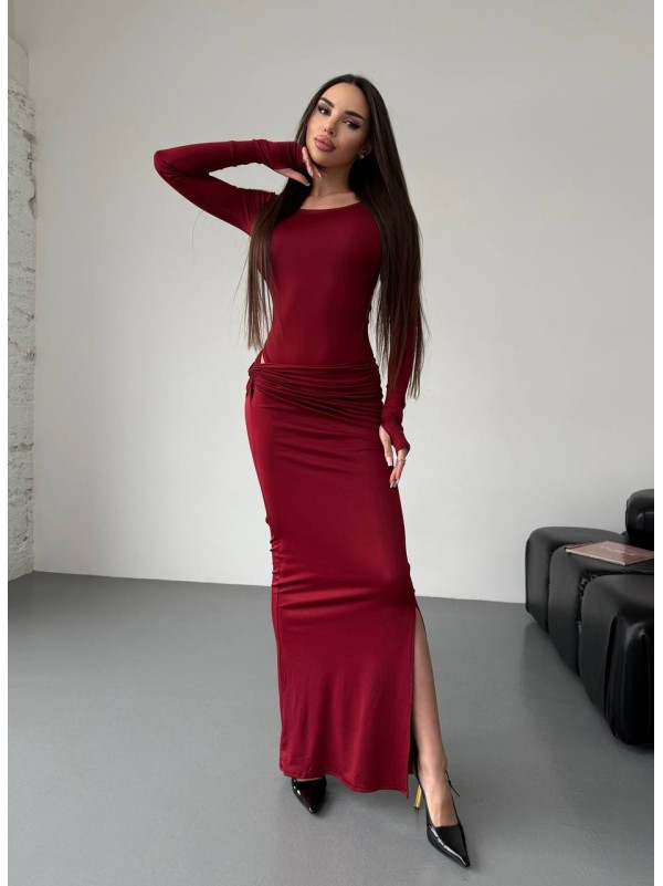 Жіночий вечірній костюм (боді+спідниця максі) бордового кольору 36054