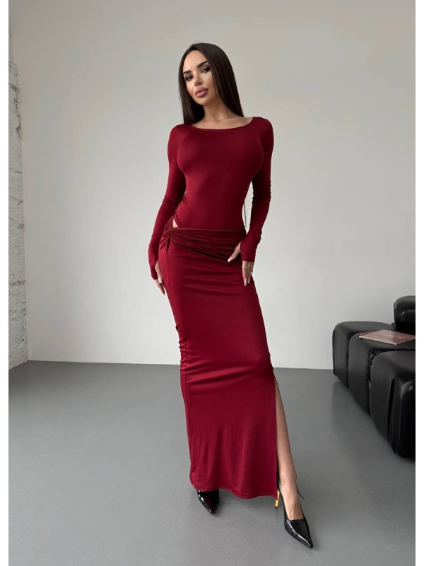 Жіночий вечірній костюм (боді+спідниця максі) бордового кольору 36054