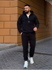 Чоловічий  флiсовий костюм з капюшоном чорного кольору 36069