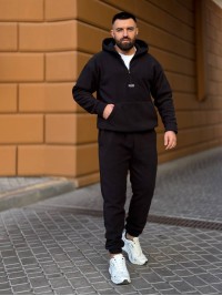 Чоловічий  флiсовий костюм з капюшоном чорного кольору 36069